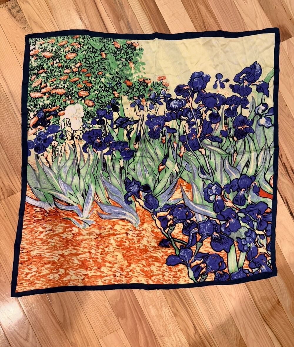 Vintage Made In France Silk Scarf Vincent Van Gogh Irises Square Hand Rolled Hem
